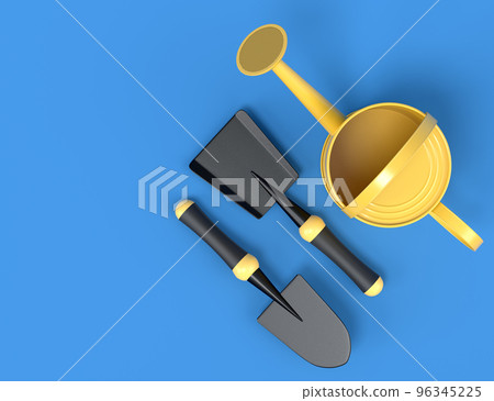 Watering can with garden tools like shovel, rake and fork on blue background. Watering can with garden tools like shovel, rake and fork on blue background. 96345225