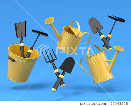 Watering can with garden tools like shovel, rake and fork on blue background. Watering can with garden tools like shovel, rake and fork on blue background. 96345226