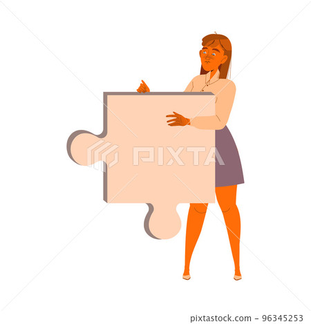 Young Woman with Jigsaw Puzzle Having Challenge with Emigration Vector Illustration Young Woman with Jigsaw Puzzle Having Challenge with Emigration Vector Illustration 96345253