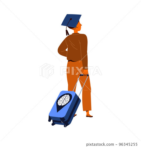 Man in Graduation Cap with Suitcase Leaving Place of Residence as Mass Emigration Vector Illustration Man in Graduation Cap with Suitcase Leaving Place of Residence as Mass Emigration Vector Illustration 96345255