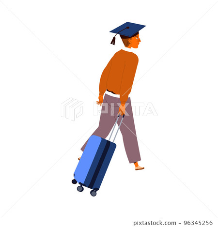 Man in Graduation Cap with Suitcase Leaving Place of Residence as Mass Emigration Vector Illustration 96345256