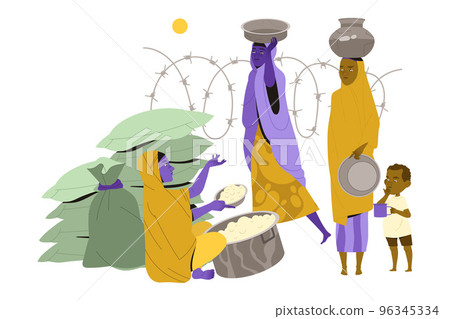Food Crisis and Shortage with Woman Giving Donation to Refugee in Camp During Economic Downfall Vector Illustration 96345334