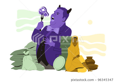 Food Crisis and Shortage with Fat Man Eating Steak and Poor Woman with Empty Utensils Vector Illustration Food Crisis and Shortage with Fat Man Eating Steak and Poor Woman with Empty Utensils Vector Illustration 96345347