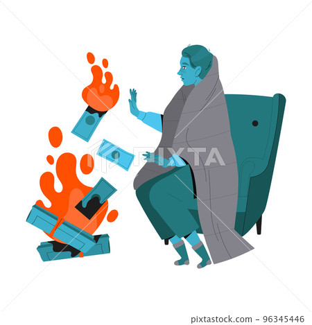 Freezing from Cold Man Character Wrapped in Blanket Sitting in Armchair Warming Near Burning Fire Flame Vector Illustration 96345446