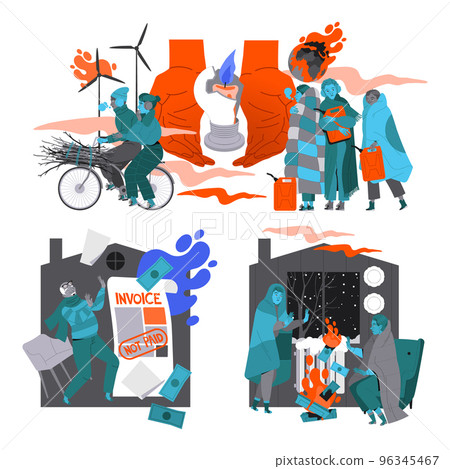 Energy Crisis and Disaster with Electricity Supply Blackout and People Trying to Warm Vector Set Energy Crisis and Disaster with Electricity Supply Blackout and People Trying to Warm Vector Set 96345467