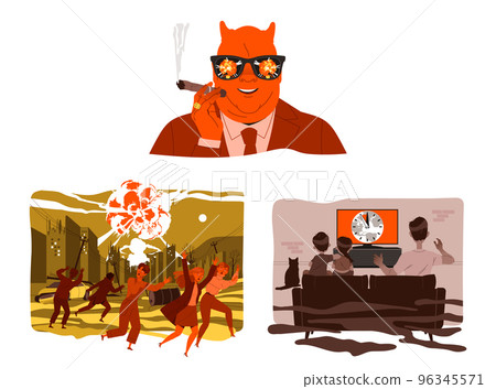 Danger of Nuclear Catastrophe with Evil Man Smoking Cigar and Hazardous Atomic Explosion Vector Set 96345571