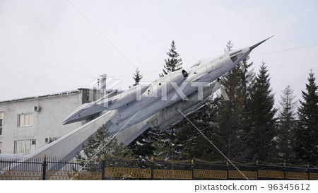 BARNAUL - JANUARY 21 Barnaul is a former military school of pilots, a Yak-28 plane at the entrance. on January 21, 2019 in Barnaul, Russia. 96345612