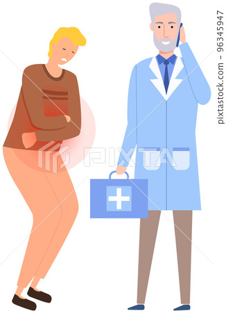 Man with abdominal pain communicate with ambulance doctor. Medical specialist consults patient 96345947
