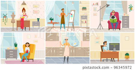 People and their creative and artistic hobbies series of cartoon characters doing favorite things 96345972