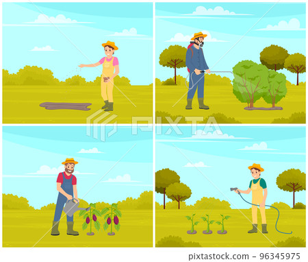 Man gardener watering plants vegetables, female farmer sowing seeds, seasonal farm work scenes set Man gardener watering plants vegetables, female farmer sowing seeds, seasonal farm work scenes set 96345975