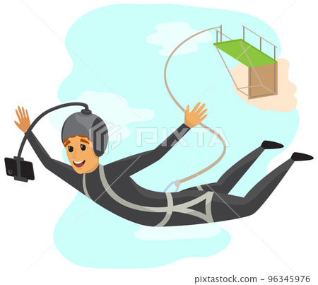 Male character taking self portrait photo on smartphone while rope jumping from special platform 96345976