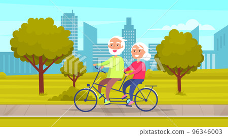 Elderly couple walking in city park and riding pair bike together. Adult people on funny walk Elderly couple walking in city park and riding pair bike together. Adult people on funny walk 96346003