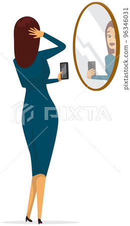 Lady with smartphone is making self portrait. Girl takes photo in mirror on mobile phone camera Lady with smartphone is making self portrait. Girl takes photo in mirror on mobile phone camera 96346031