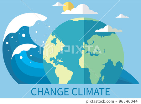Climate and environmental change on planet Earth. Globe surrounded by clouds, sun and wave 96346044