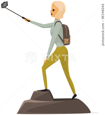 Lady with smartphone is posing for photo on peak. Woman taking selfie on summit of mountain Lady with smartphone is posing for photo on peak. Woman taking selfie on summit of mountain 96346048