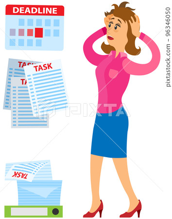 Busy woman trying to do many things at once isolated. Stressful multitasking person and deadline Busy woman trying to do many things at once isolated. Stressful multitasking person and deadline 96346050