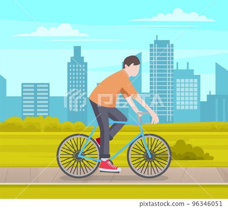 Guy riding bike in city park. Man rides bicycle in cityscape. Male character doing sports outdoors Guy riding bike in city park. Man rides bicycle in cityscape. Male character doing sports outdoors 96346051