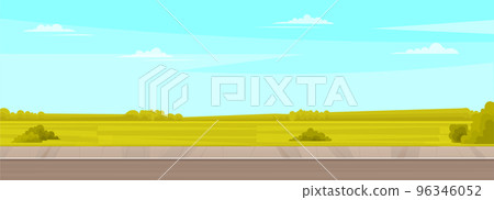Gray road for cars, green lawn and path for people. Summer landscape background with cloudy blue sky Gray road for cars, green lawn and path for people. Summer landscape background with cloudy blue sky 96346052