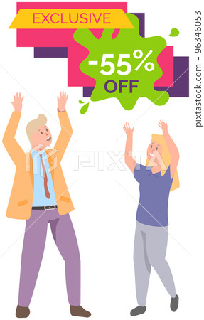 Characters look at announcement for global discounts and exclusive product. Advertisement of sale Characters look at announcement for global discounts and exclusive product. Advertisement of sale 96346053