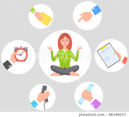 Businesswoman practicing mindfulness meditation, clearing her mind from multitasking, busy with work 96346057
