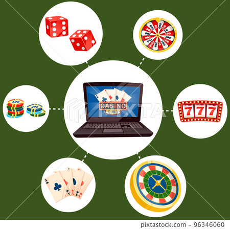 Online casino vector poster with laptop and set of flat icons. Poker gambling casino, cards and dice Online casino vector poster with laptop and set of flat icons. Poker gambling casino, cards and dice 96346060