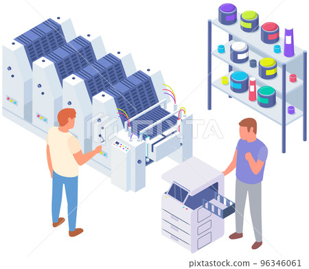People working with equipment and shelving with paints. Office technique vector illustration People working with equipment and shelving with paints. Office technique vector illustration 96346061