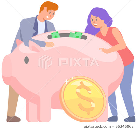 Happy people around piggy bank. Storage device for coins money. Rich characters amass wealth Happy people around piggy bank. Storage device for coins money. Rich characters amass wealth 96346062