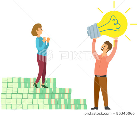 Man shows light bulb to girl as symbol of new idea. Businesswoman standing on stairs made of bills Man shows light bulb to girl as symbol of new idea. Businesswoman standing on stairs made of bills 96346066