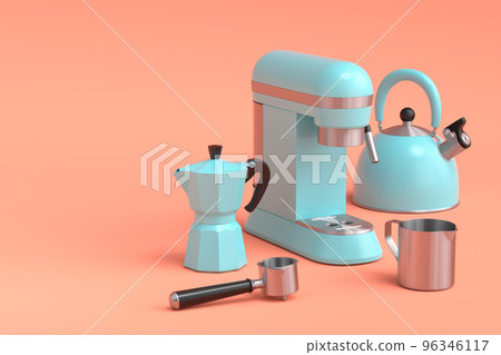 Espresso coffee machine with horn, kettle and geyser coffee maker on coral. 96346117