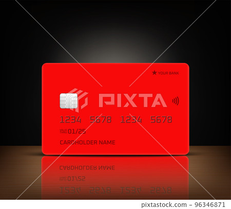 Red banking card with reflection on a table. 3d vector mockup 96346871