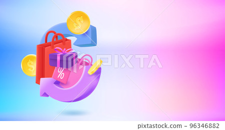 Shopping cashback concept with shopping bags. 3d vector banner with copy space Shopping cashback concept with shopping bags. 3d vector banner with copy space 96346882