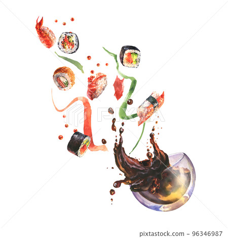 Watercolor composition with sushi, splash sause, ingredient for sushi on white background. 96346987