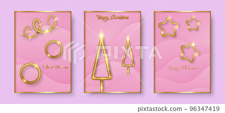 set cards Merry Christmas gold texture, golden luxury elements, pink paper cut background for calendar and greetings card or Christmas themed winter holiday invitations with geometric decorations 96347419