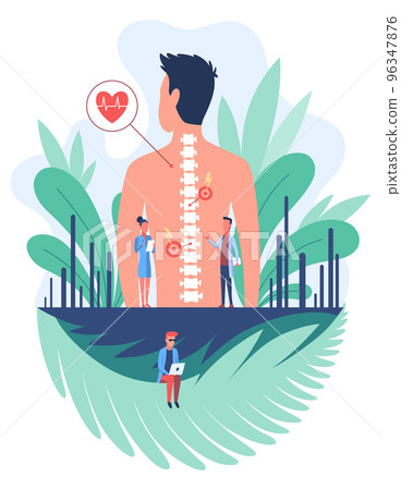 Osteopathy spine pain treatment. Patient male standing back, doctors looking at her spine flat vector illustration. Disease diagnosis. Bone health 96347876