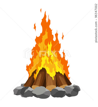 Fireplace campfire type. Burning wood, travel and adventure symbol. Vector bonfire or woodfire in cartoon flat style. Tourist bonfires in stack 96347882