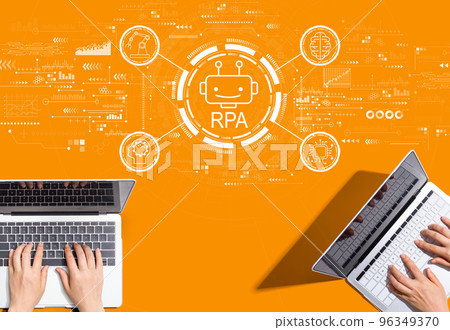 Robotic Process Automation theme with people working together Robotic Process Automation theme with people working together 96349370