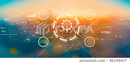 Future technology concept with blurred city at sunset or sunrise 96349427