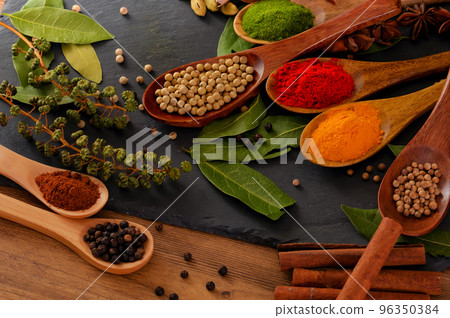 A lot of spices in a spoon A lot of spices in a spoon 96350384