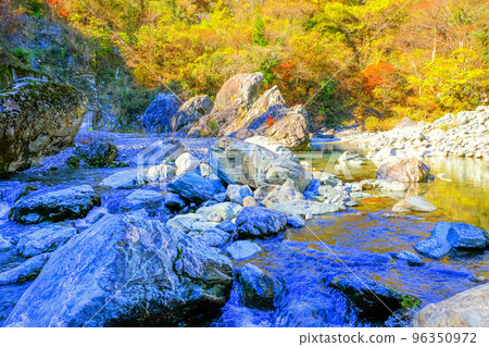Autumn leaves and strangely shaped rocks of Sampasekikyo Gorge Autumn leaves and strangely shaped rocks of Sampasekikyo Gorge 96350972