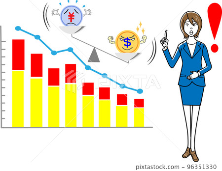 A business woman explaining the yen's depreciation against the dollar A business woman explaining the yen's depreciation against the dollar 96351330