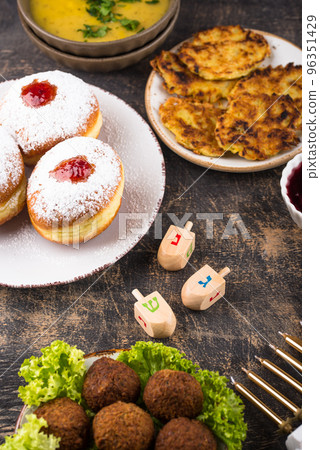 Traditional Jewish holiday Hanukkah food. Traditional Jewish holiday Hanukkah food. 96351429