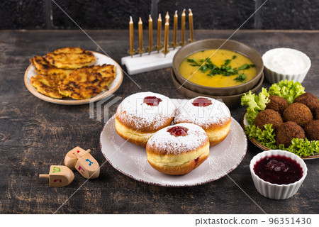 Traditional Jewish holiday Hanukkah food. Traditional Jewish holiday Hanukkah food. 96351430