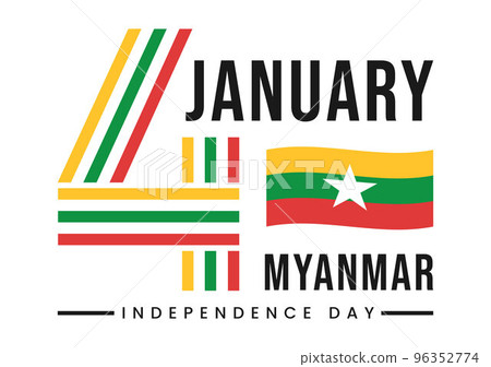 Celebrating Myanmar Independence Day on January 4th with Flags in Flat Cartoon Background Hand Drawn Templates Illustration 96352774