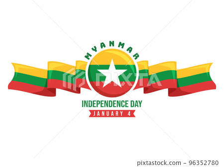 Celebrating Myanmar Independence Day on January 4th with Flags in Flat Cartoon Background Hand Drawn Templates Illustration 96352780