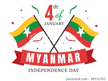Celebrating Myanmar Independence Day on January 4th with Flags in Flat Cartoon Background Hand Drawn Templates Illustration 96352781