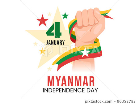 Celebrating Myanmar Independence Day on January 4th with Flags in Flat Cartoon Background Hand Drawn Templates Illustration 96352782