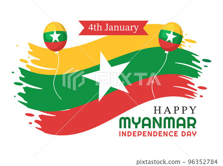 Celebrating Myanmar Independence Day on January 4th with Flags in Flat Cartoon Background Hand Drawn Templates Illustration 96352784