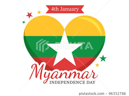 Celebrating Myanmar Independence Day on January 4th with Flags in Flat Cartoon Background Hand Drawn Templates Illustration 96352786