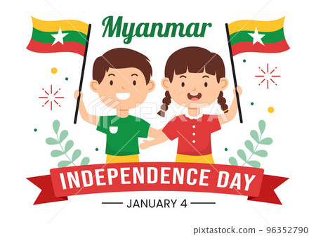 Celebrating Myanmar Independence Day on January 4th with Little Kids Carrying Flags in Cartoon Hand Drawn Templates Illustration 96352790