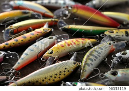 Fishing gear such as lures and reels for mountain stream fishing 96353119